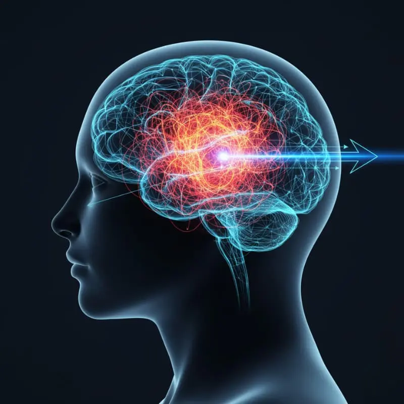 Абстрактное изображение головы с видимым мозгом. Центральная часть (лимбическая система) светится красным хаотичным цветом, а от нее мощный синий луч-стрелка направляется к передней части мозга (префронтальной коре), символизируя рациональный контроль над эмоциями.