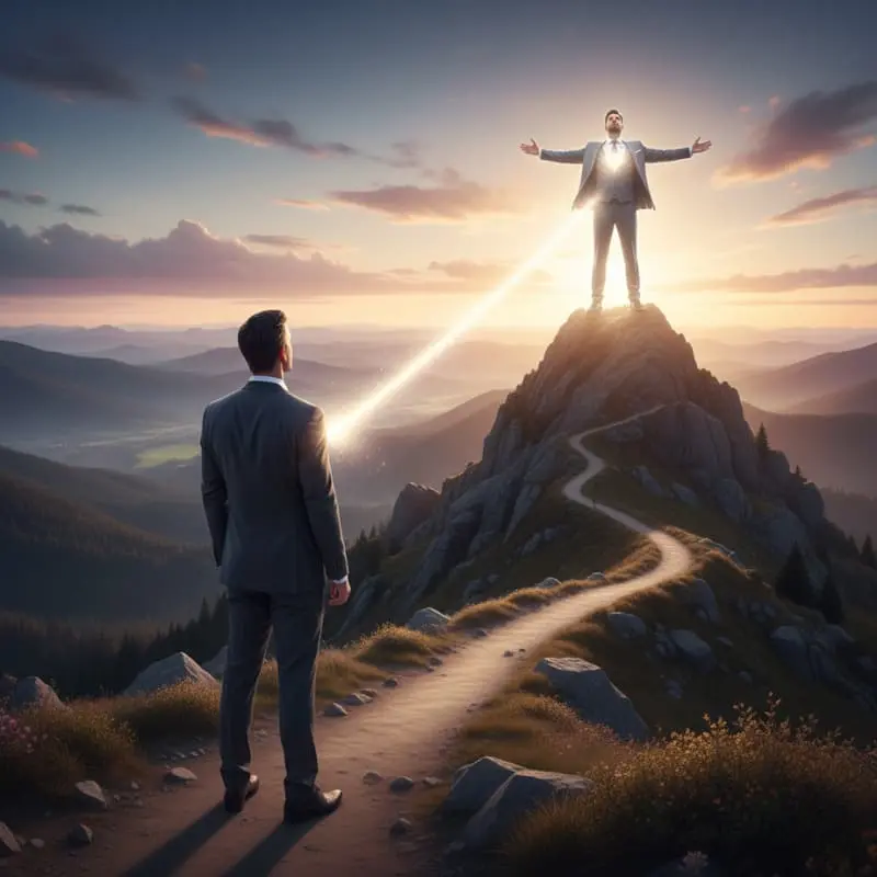 Человек в деловом костюме смотрит на свое светящееся, уверенное отражение, которое стоит на вершине горы с видом на восходящее солнце. Фигуры соединяются лучом света. Символизирует воплощенную визуализацию и достижение будущей идентичности