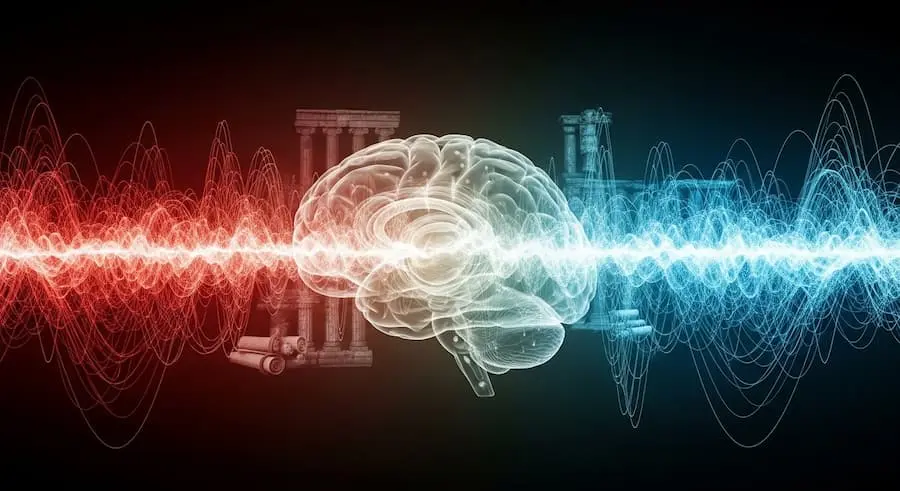 Premeditatio Malorum - Концептуальное изображение мозга, символизирующее нейропластичность, с двумя полушариями, освещенными разными цветами и окруженными энергетическими волнами.