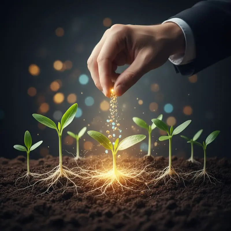 Крупный план руки в деловом костюме, бережно сеющей светящиеся семена в плодородную почву. Из земли уже проросли несколько молодых, сильных ростков со светящимися корнями. Метафора посева своих слов и мыслей для будущих результатов