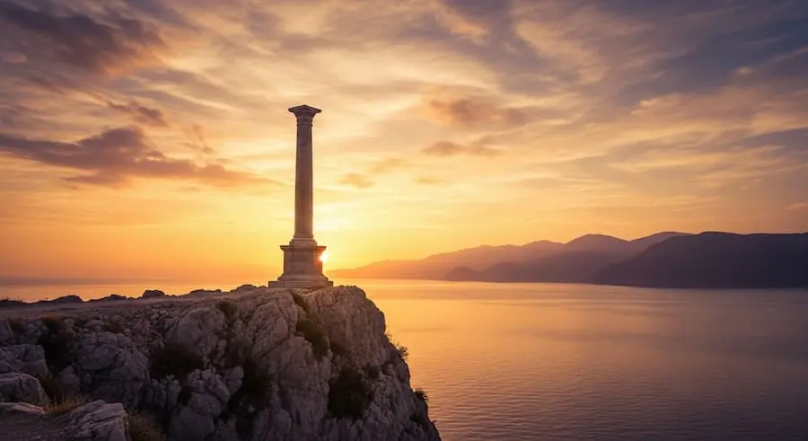 Стоическая мудрость: древний столб на скале у моря на закате, символизирующий спокойствие и непоколебимость перед лицом жизненных бурь