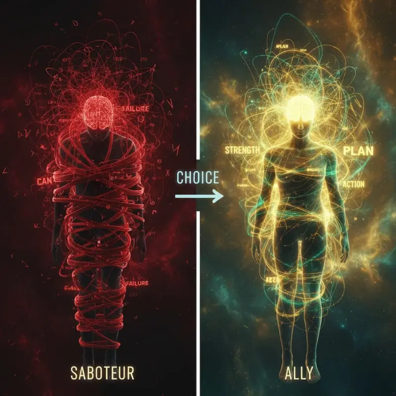 Стоический Коучинг: Графический диптих, показывающий внутренний диалог. Слева — 'Саботажник' (опутан красными нейронными цепями, символы страха и провала), справа — 'Союзник' (светящаяся, свободная фигура с золотыми путями, символы силы и плана). Между ними стрелка 'ВЫБОР'.