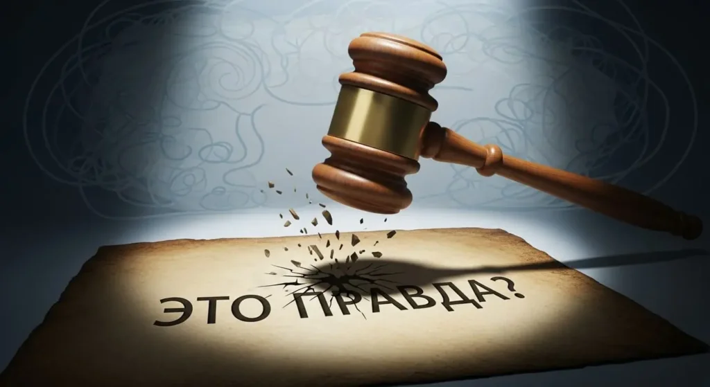 Судейский молоток, разбивающий фразу "ЭТО ПРАВДА?", символизирующий диспут и оспаривание ограничивающих убеждений по методике Байрон Кейти.