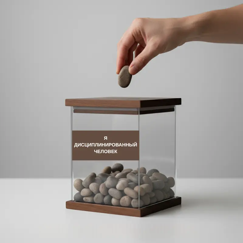 Рука опускает камень в урну с надписью "Я - дисциплинированный человек", символизируя голосование за новую идентичность через маленькие привычки.