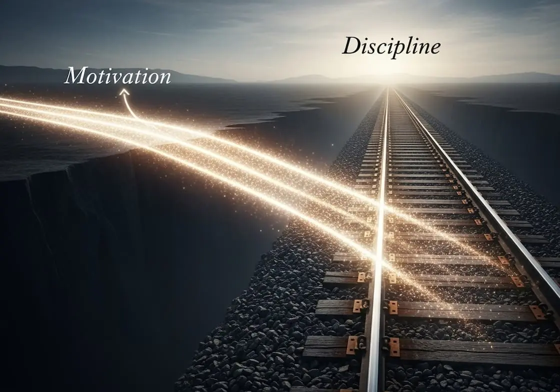 Сравнение мотивации (яркий, обрывистый свет) и дисциплины (надежный, уходящий вдаль рельсовый путь) для устойчивых привычек.