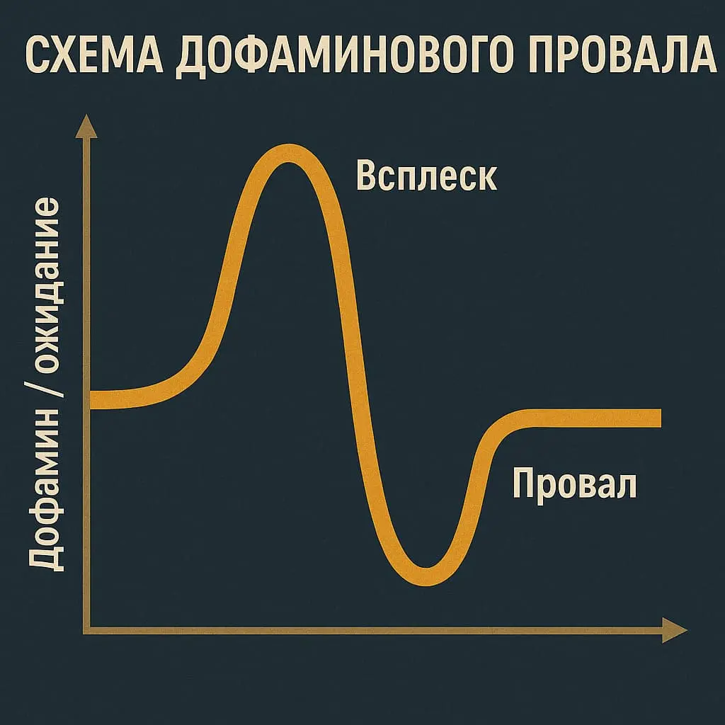 Схема Дофаминового Провала, показывающая резкий всплеск дофамина во время ожидания (мотивация) и его резкое падение перед началом действия.