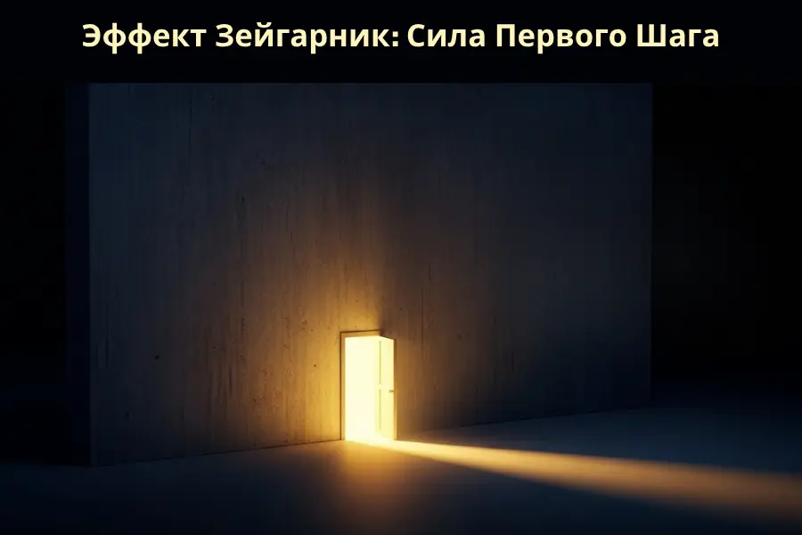 Концептуальное изображение Эффекта Зейгарник. Огромная темная стена (символ прокрастинации) с маленькой, но ярко подсвеченной золотым светом открытой дверью, из которой льется свет, символизируя первый шаг и путь к действию.