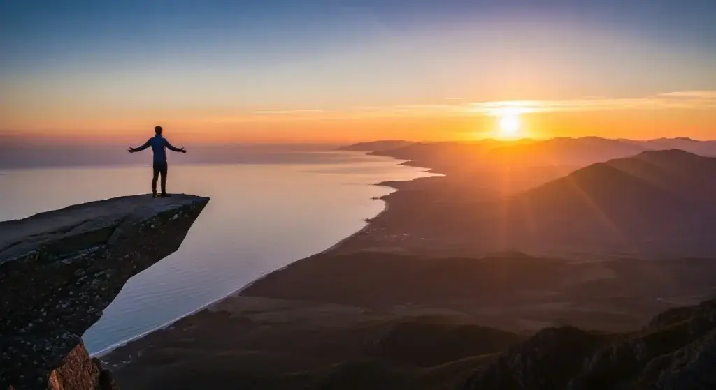 Человек на краю утеса на закате, раскинул руки – метафора управления эмоциями, личной свободы и развития эмоционального интеллекта (EQ).