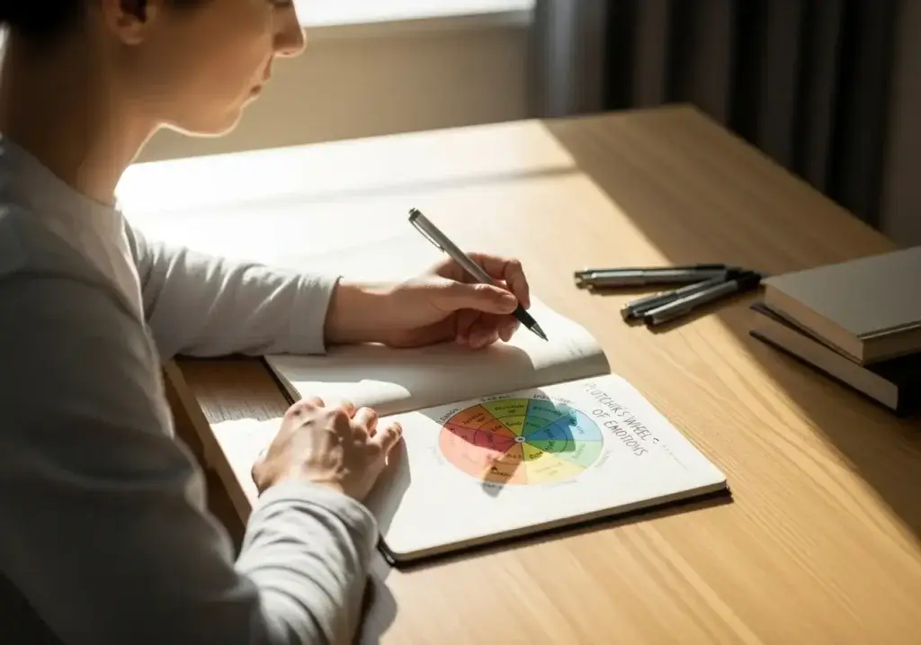 Человек ведет дневник, используя схему Колеса эмоций Роберта Плутчика для развития эмоционального интеллекта и самоанализа в коучинге.