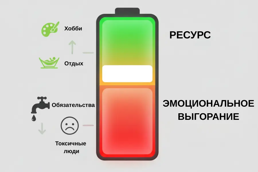Схема: Эмоциональный аудит – батарея ресурса. Иллюстрация факторов истощения (токсичные люди, обязательства) и наполнения (хобби, отдых) для профилактики эмоционального выгорания.