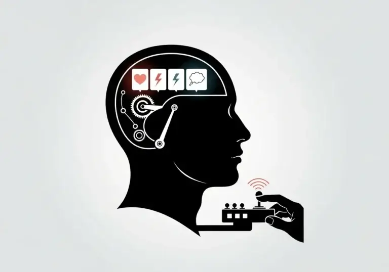 Эмоциональный интеллект и саморегуляция – человек управляет своими эмоциями с помощью джойстика.