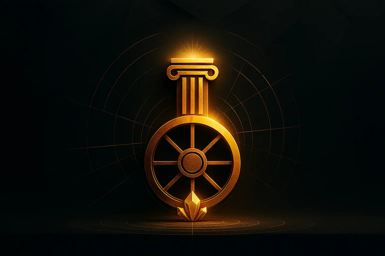 Стилизованная композиция "Система Роста". Золотой геометрический столп, символизирующий дисциплину, стоит на Колесе Жизненного Баланса, символизируя устойчивый и сфокусированный рост.