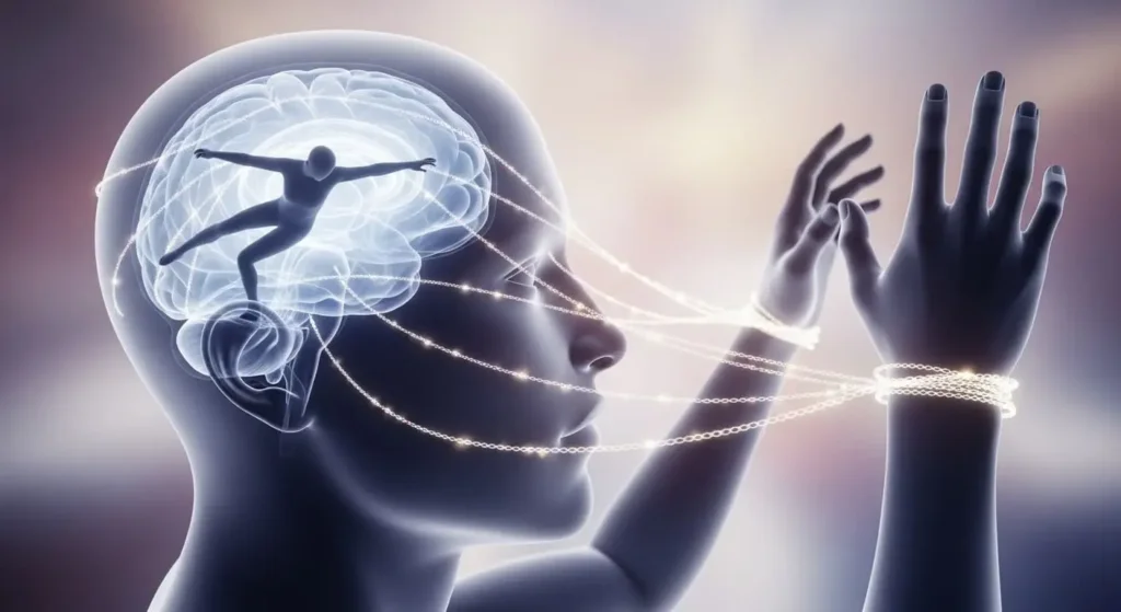 Мозг человека с невидимыми цепями, сковывающими фигуру, символизирующий самосаботаж и внутренние ограничивающие программы.