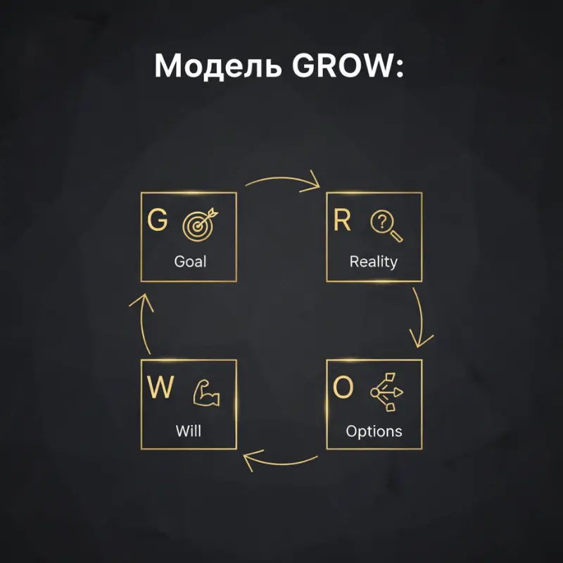 Минималистичная схема Модели GROW (Goal, Reality, Options, Will). Коучинговая рамка для постановки целей и планирования действий.