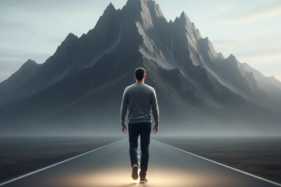 Человек идет по дороге к огромной горе, фокусируясь на "крошечном первом шаге", иллюстрируя принцип микро-прогресса и преодоления страха - дисциплина.