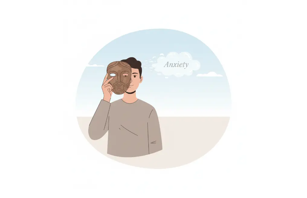 Заключение: человек смотрит сквозь стоическую маску на облако "Тревога" (ANXIETY), символизируя Premeditatio Malorum и контроль над внутренними реакциями.