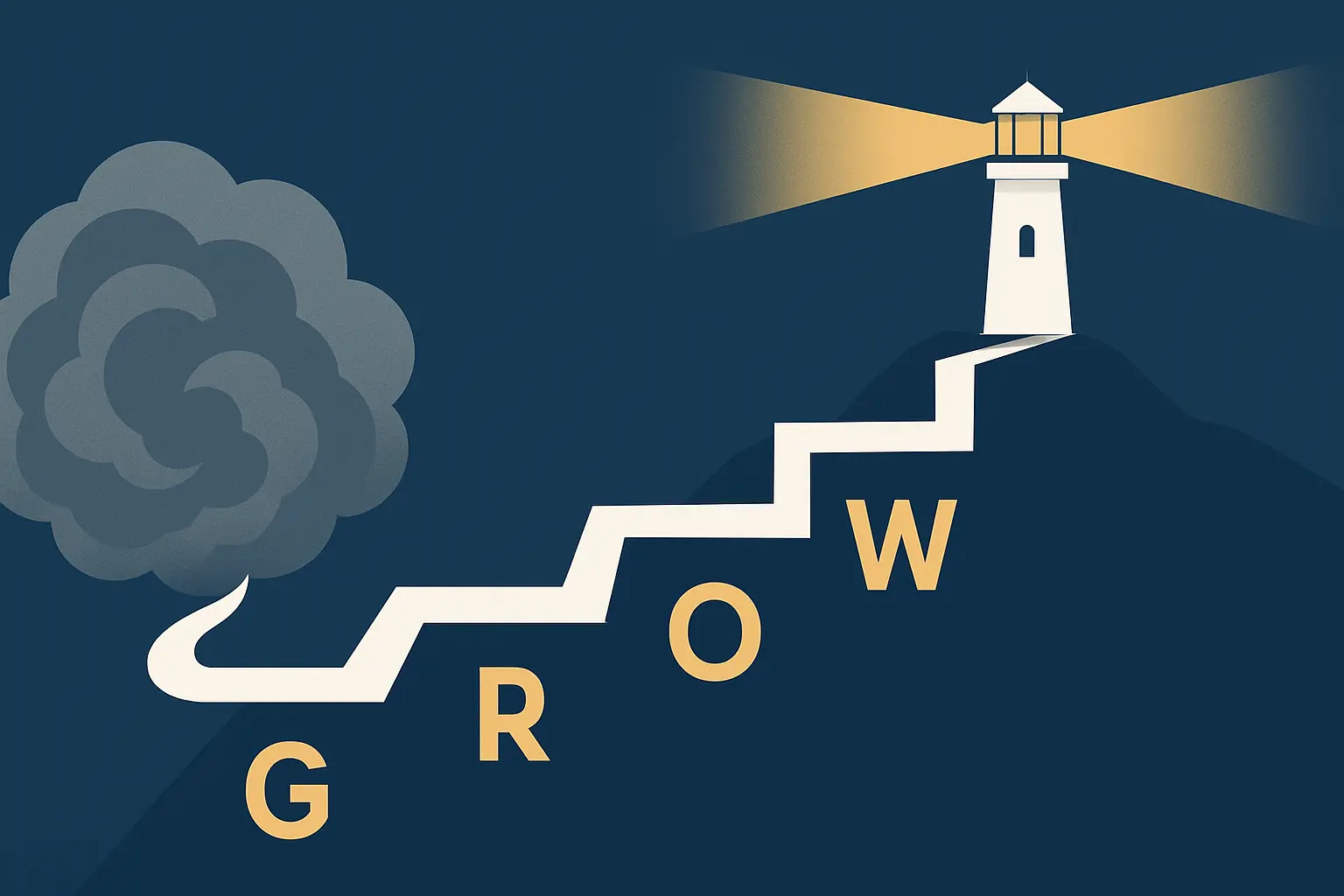 Модель GROW — пошаговое руководство (Goal, Reality, Options, Will). Визуализация пути от хаоса к цели в виде лестницы с маяком.