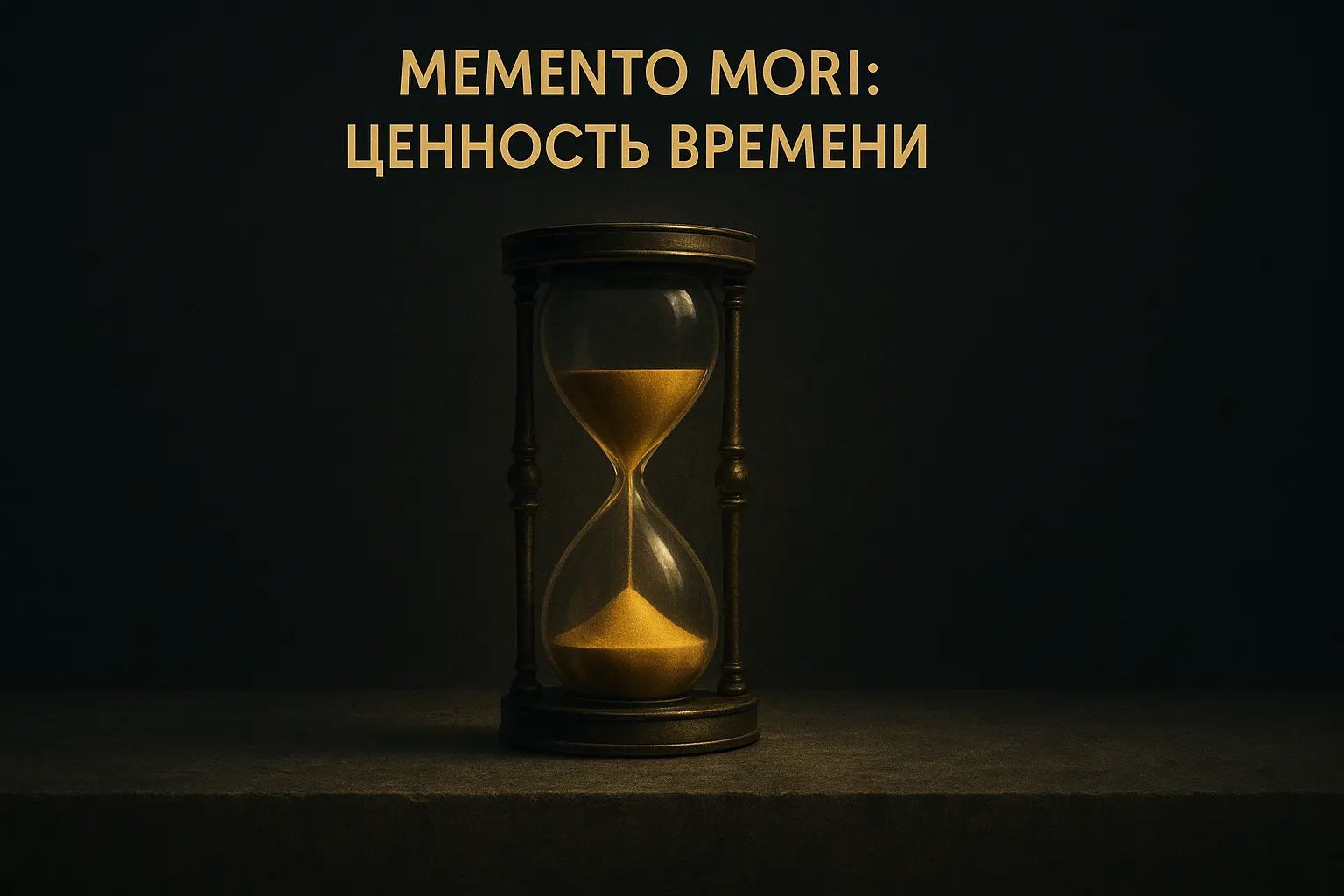 Стилизованные, античные песочные часы на темном, стоическом фоне, символизирующие Memento Mori и конечность времени как мощный мотиватор для фокусировки.