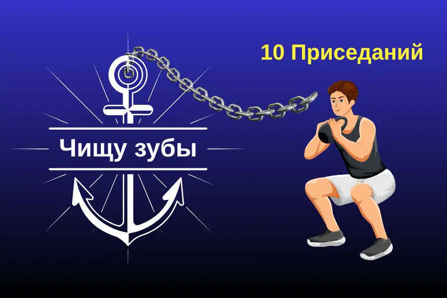 Схема Стэкинга Привычек (дисциплина): устоявшаяся привычка "Чищу зубы" (якорь) связана цепью с новой привычкой "10 Приседаний"