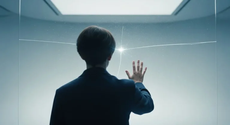 Человек касается невидимой стены, символизирующей ограничивающие убеждения и внутренние блоки, которые мешают росту.