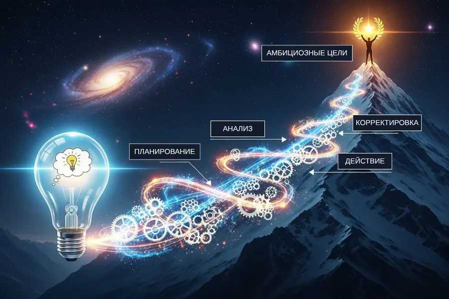Концептуальный путь от идеи (лампочки) до достижения амбициозной цели на вершине горы. Путь представлен светящейся тропой из шестеренок, символизирующих практические шаги и планирование.