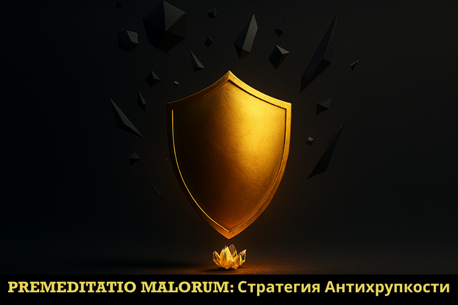 Концептуальная инфографика Premeditatio Malorum. Золотой щит защищает светящийся, хрупкий объект (цветок/кристалл) от падающих темных осколков, символизируя стратегию антихрупкости и готовности к худшему