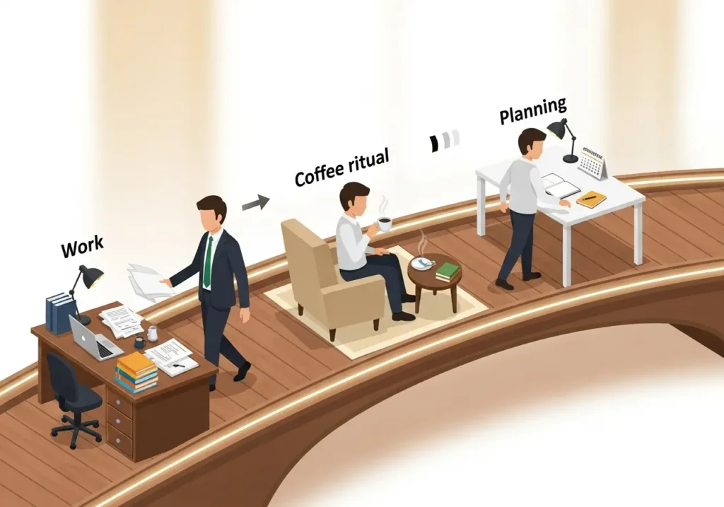 Схема Привычки-Буфера: переход от работы (Work) через короткий ритуал (Coffee ritual) к новому действию (Planning) для защиты от выгорания.