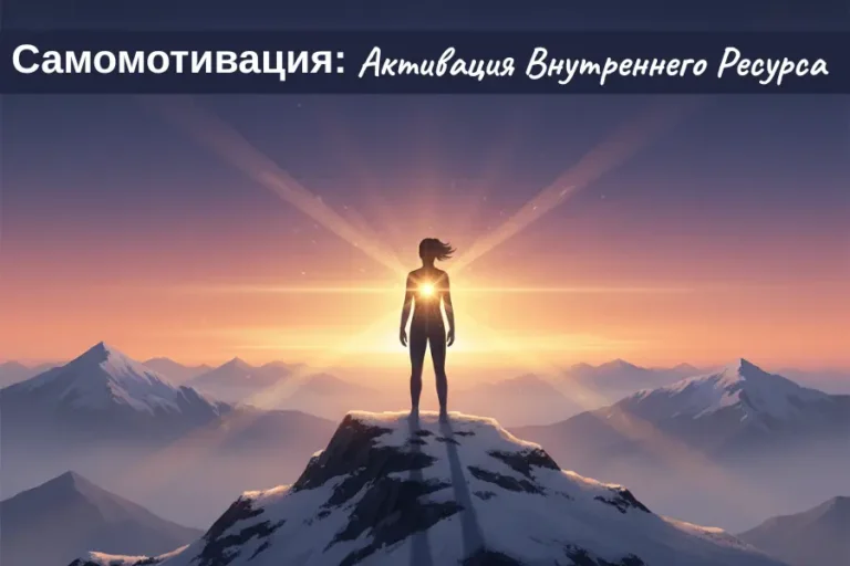 Самомотивация: Активация Внутреннего Ресурса. Силуэт человека на заснеженной горе на рассвете с исходящим из центра светом.