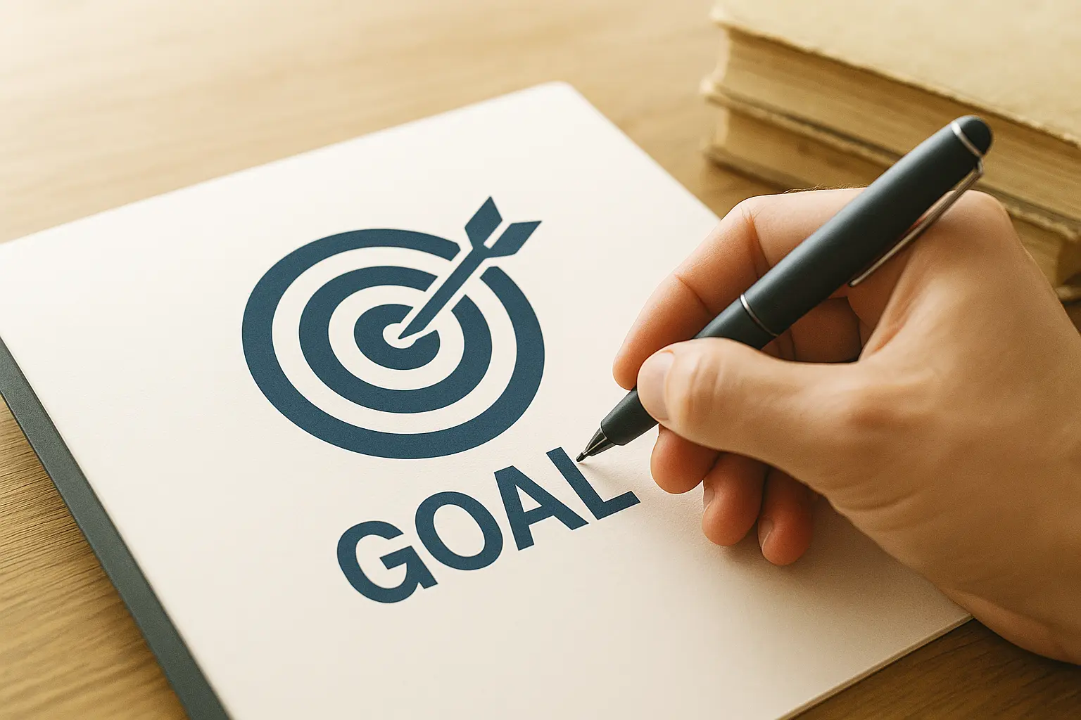 Шаг 1 модели GROW: Рука записывает четкую SMART-цель (G) на бумаге в виде мишени, для максимальной точности.