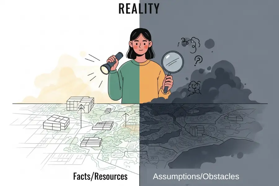 Шаг 2 модели GROW: честный взгляд на Реальность (R). Иллюстрация разделения на Факты/Ресурсы (контролируемое) и Препятствия/Допущения (неконтролируемое).