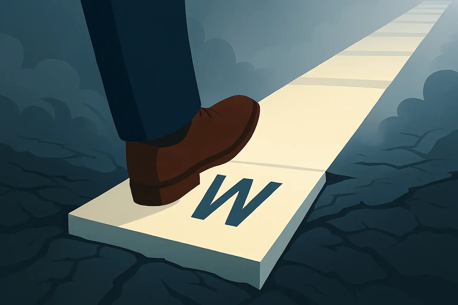 Шаг 4 модели GROW: Воля и Действия (W). Изображение ноги, делающей первый решительный шаг на блок с буквой W, символизирующий начало пути.