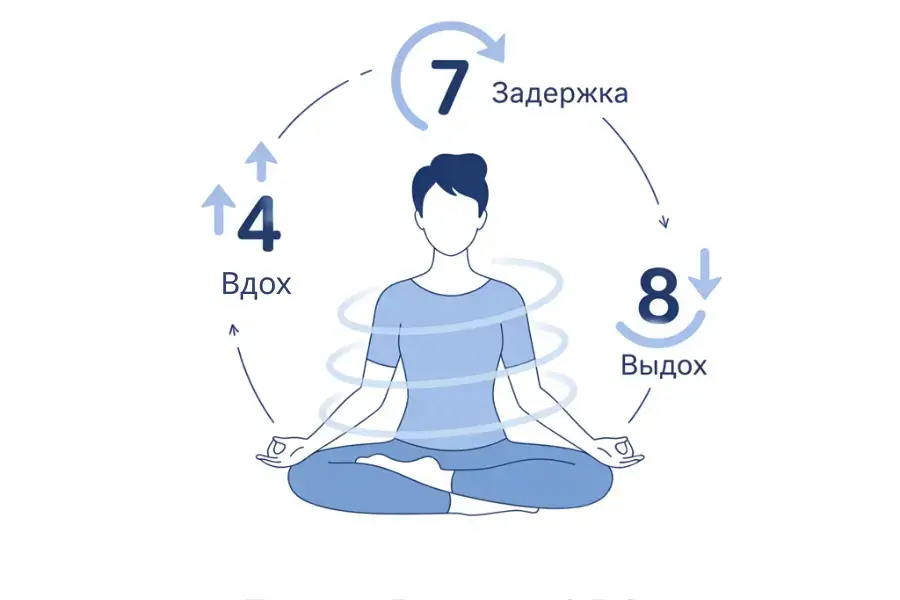 Схема дыхательной техники 4-7-8 для саморегуляции и расслабления.