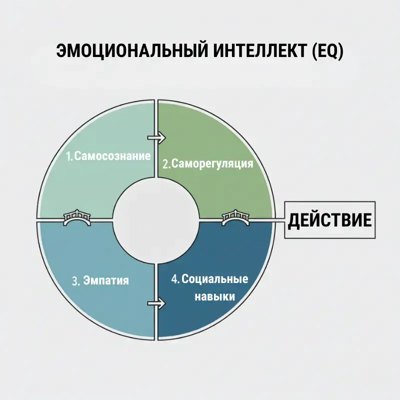 Эмоциональный Интеллект (EQ) с четырьмя квадрантами, показывающая саморегуляцию как мост от самосознания к действию.