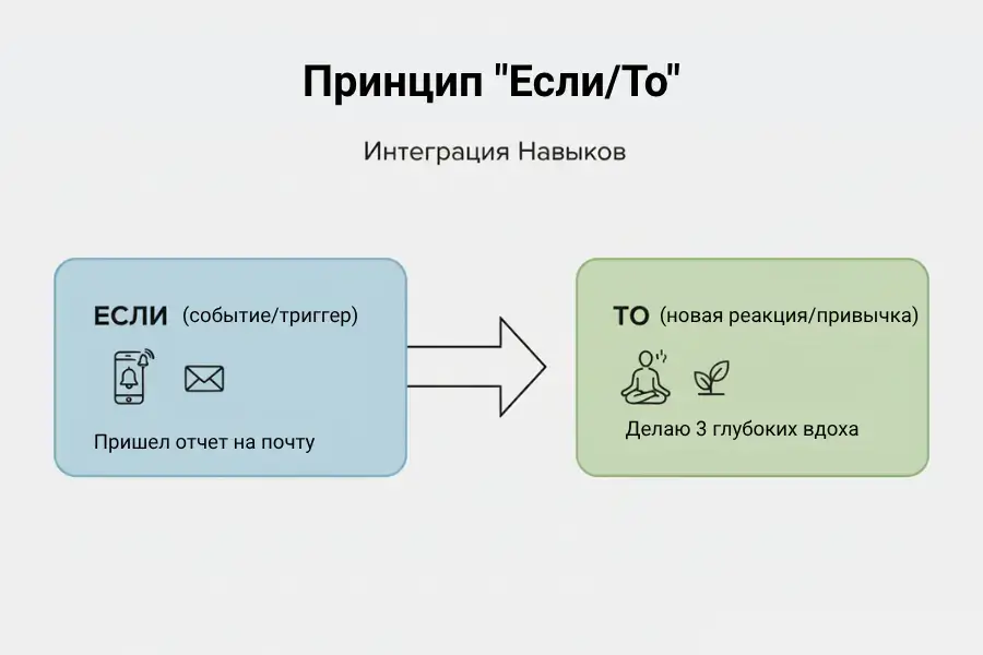 Саморегуляция и схема принципа "Если/То" для интеграции саморегуляции: замена реакции на триггер сознательным действием.