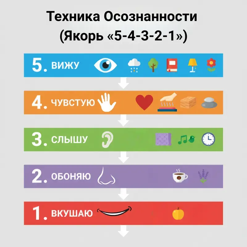 Саморегуляция. Пошаговая схема техники "Якорь 5-4-3-2-1" для заземления, осознанности и снижения тревоги.