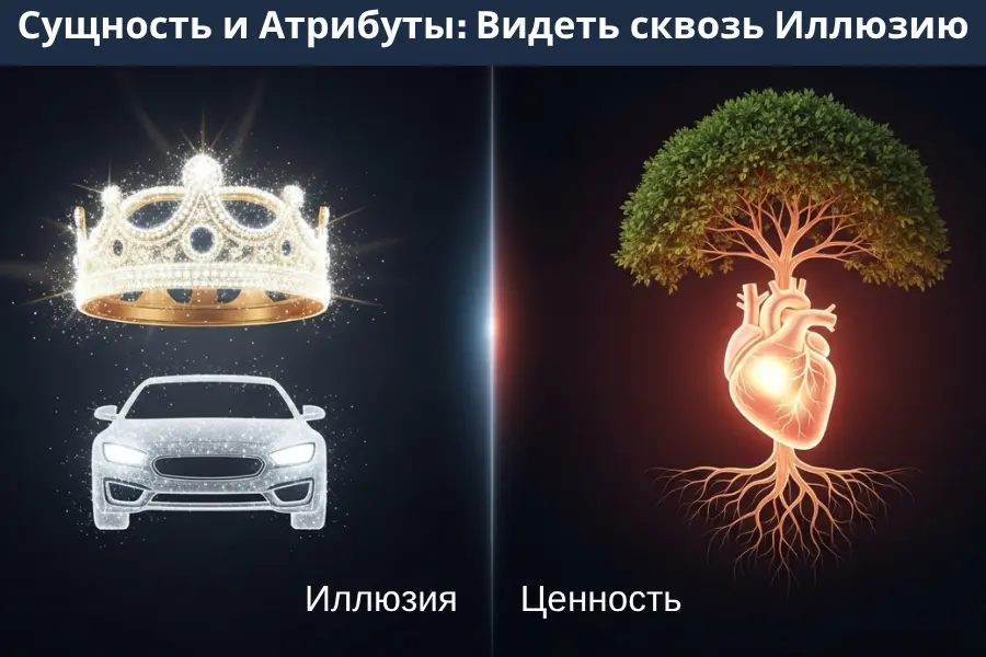 Концептуальная инфографика "Сущность и Атрибуты". Слева — золотая корона и сияющий автомобиль, обозначенные как ИЛЛЮЗИЯ. Справа — светящееся сердце с корнями, превращающееся в дерево, обозначенное как ЦЕННОСТЬ. Изображение иллюстрирует разделение внешних атрибутов от истинной, глубинной ценности цели.