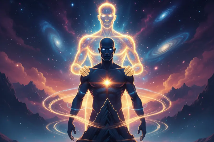 Визуализация внутренней мотивации. Сияющий, уверенный человек, чье отражение становится источником света и силы, на фоне восходящего солнца или эпического пейзажа.