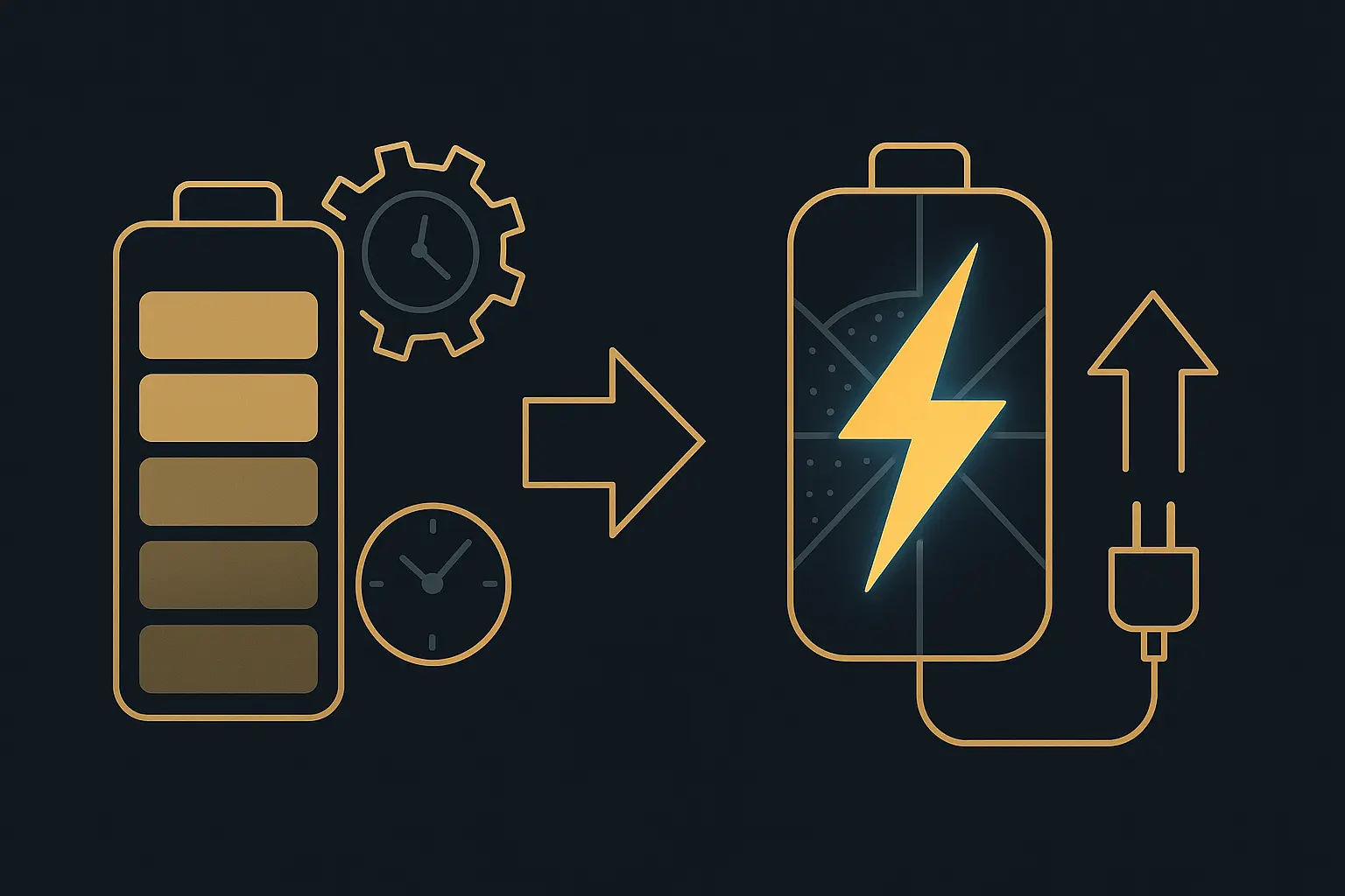 Инфографика Управления Энергией. Слева - батарея с убывающей энергией и символами времени. Справа - активная подзарядка (штекер и молния) и стрелка, указывающая на рост энергетического ресурса