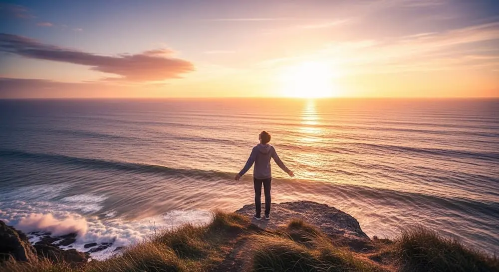 Человек, который проработал ограничивающие убеждения, с распахнутыми руками на краю обрыва, смотрит на бескрайний горизонт во время заката, символизируя свободу и безграничные возможности.